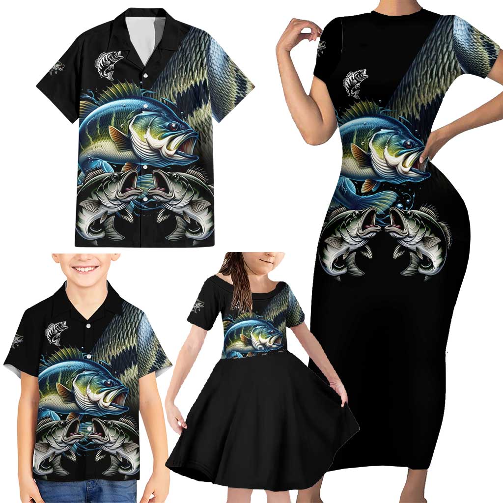 Largemouth Bass Fishing Scale Customize Name Family Matching Short Sleeve Bodycon Dress and Hawaiian Shirt Aggressive Bass Scaled Texture and Black Sporty - Wonder Print Shop