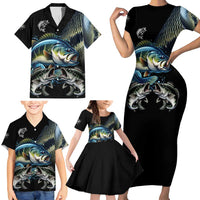 Largemouth Bass Fishing Scale Customize Name Family Matching Short Sleeve Bodycon Dress and Hawaiian Shirt Aggressive Bass Scaled Texture and Black Sporty - Wonder Print Shop