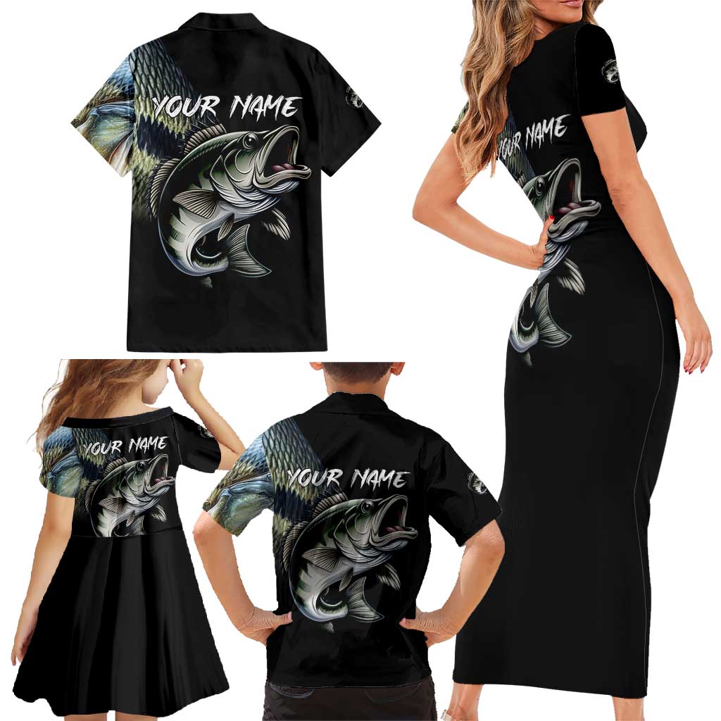 Largemouth Bass Fishing Scale Customize Name Family Matching Short Sleeve Bodycon Dress and Hawaiian Shirt Aggressive Bass Scaled Texture and Black Sporty - Wonder Print Shop