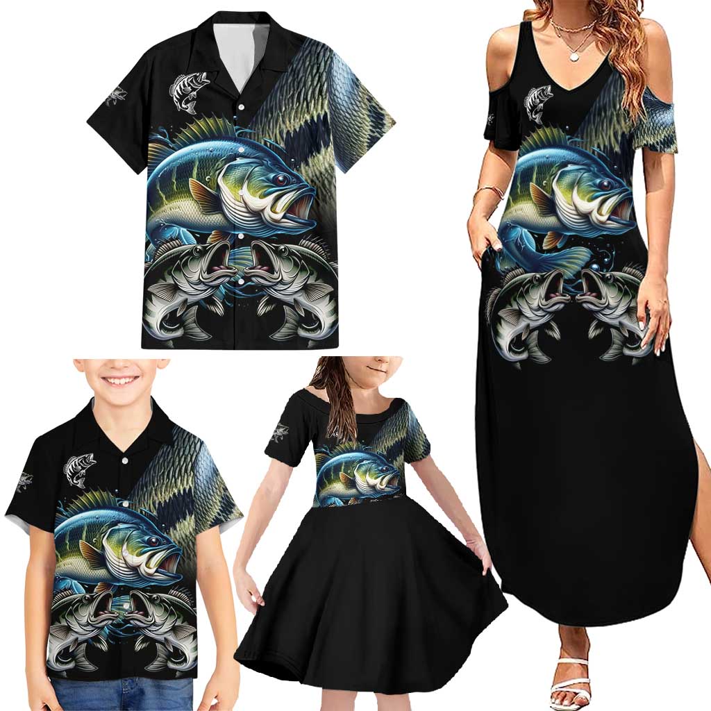Largemouth Bass Fishing Scale Customize Name Family Matching Summer Maxi Dress and Hawaiian Shirt Aggressive Bass Scaled Texture and Black Sporty - Wonder Print Shop