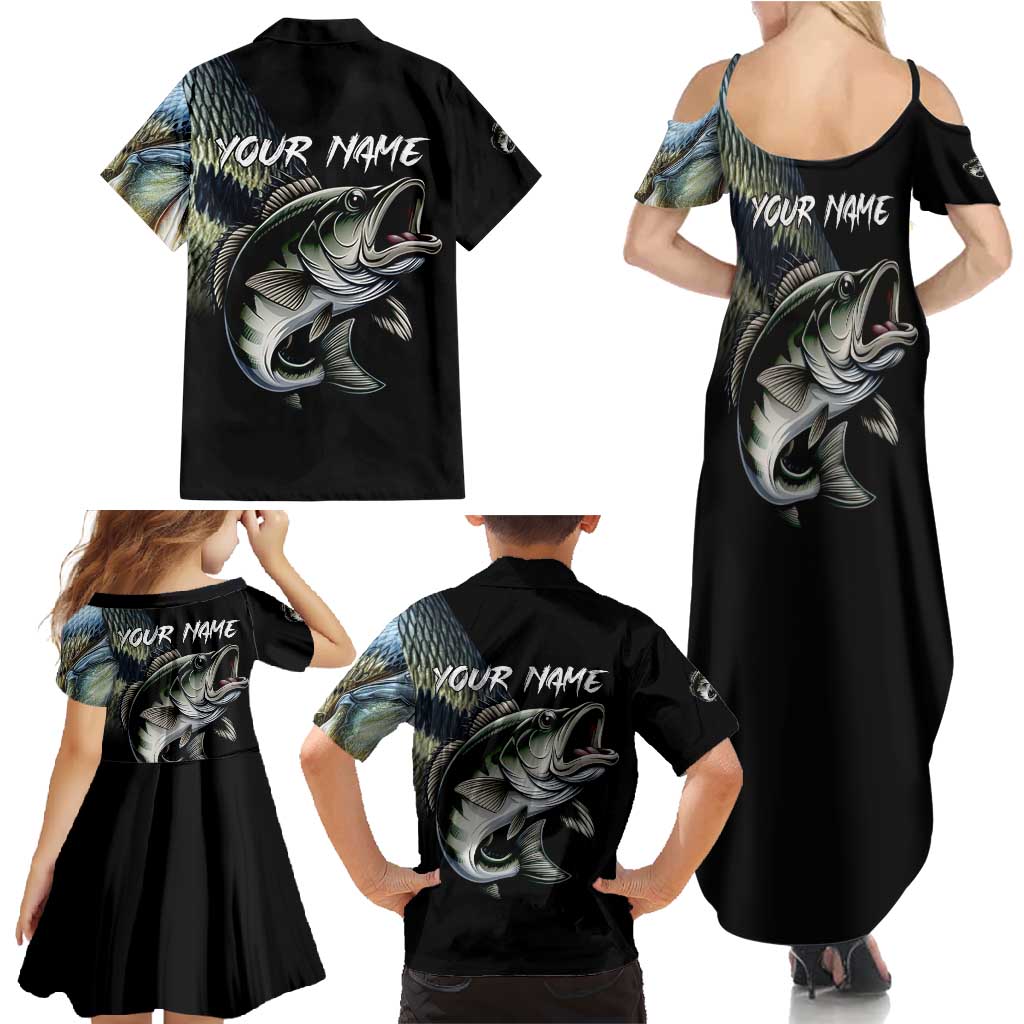 Largemouth Bass Fishing Scale Customize Name Family Matching Summer Maxi Dress and Hawaiian Shirt Aggressive Bass Scaled Texture and Black Sporty - Wonder Print Shop