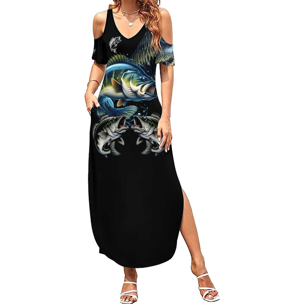 Largemouth Bass Fishing Scale Customize Name Family Matching Summer Maxi Dress and Hawaiian Shirt Aggressive Bass Scaled Texture and Black Sporty - Wonder Print Shop
