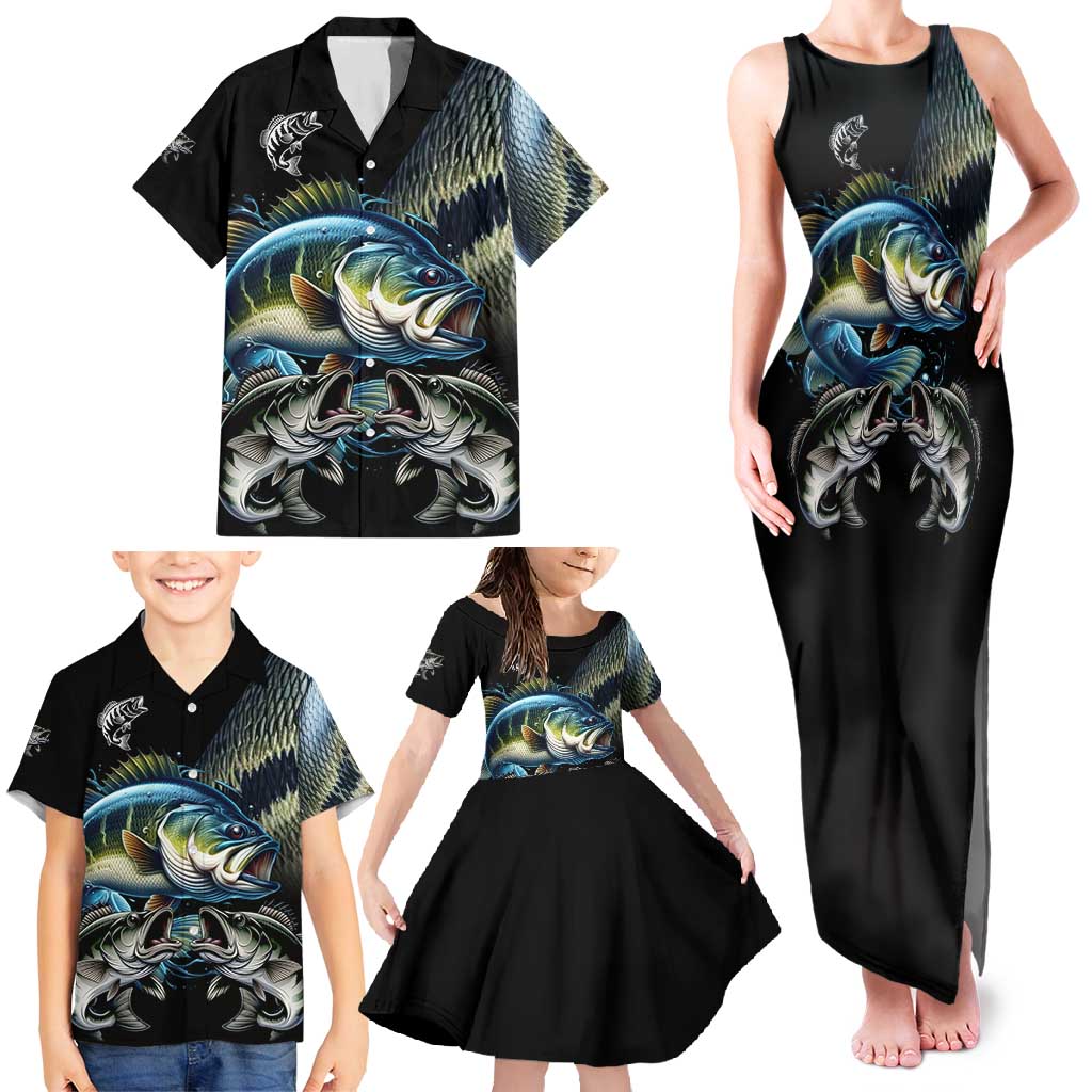 Largemouth Bass Fishing Scale Customize Name Family Matching Tank Maxi Dress and Hawaiian Shirt Aggressive Bass Scaled Texture and Black Sporty - Wonder Print Shop