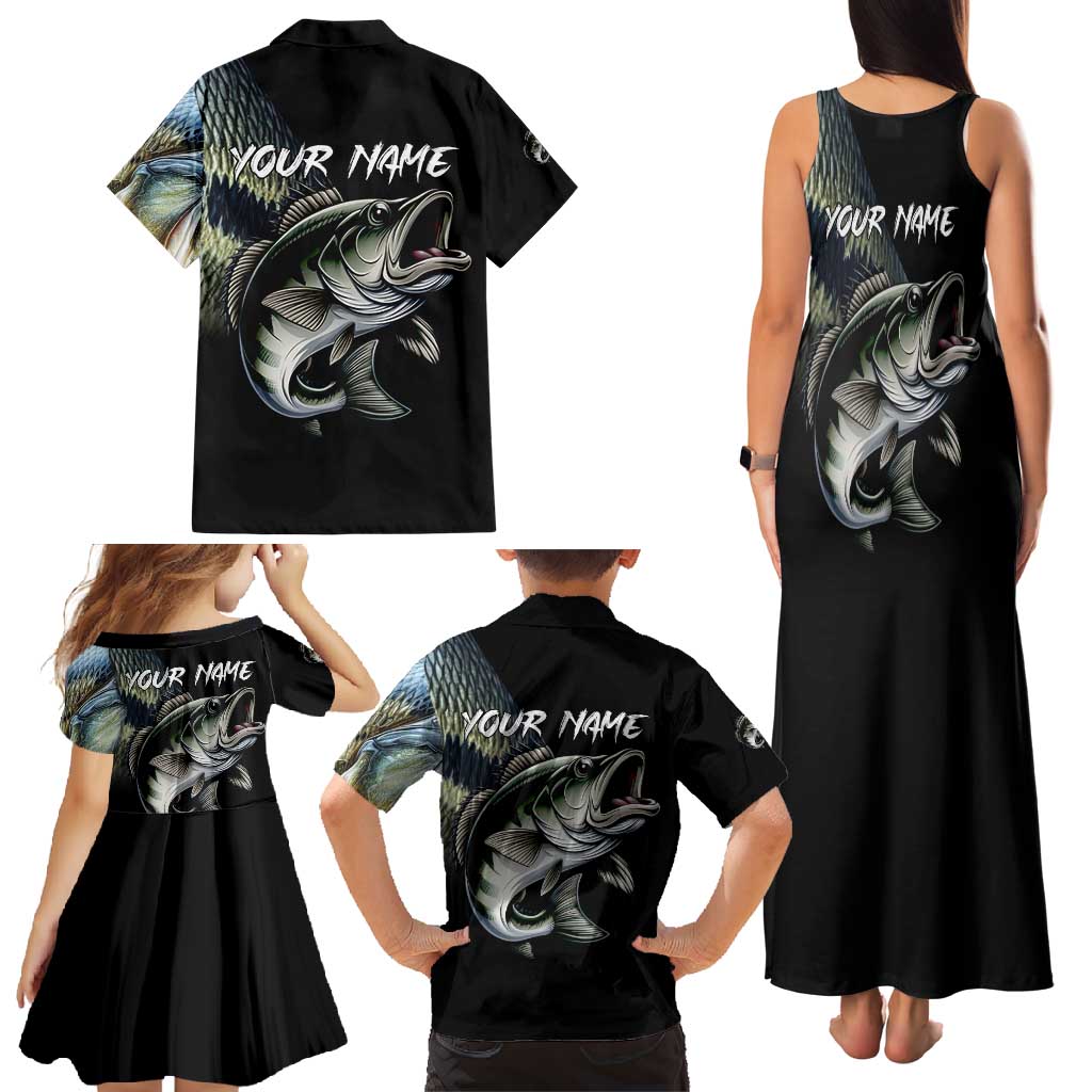 Largemouth Bass Fishing Scale Customize Name Family Matching Tank Maxi Dress and Hawaiian Shirt Aggressive Bass Scaled Texture and Black Sporty - Wonder Print Shop