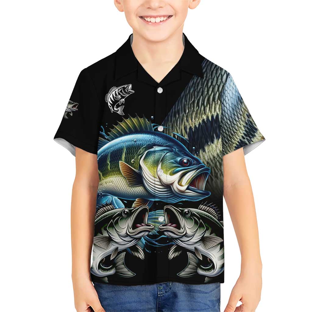 Largemouth Bass Fishing Scale Customize Name Kid Hawaiian Shirt Aggressive Bass Scaled Texture and Black Sporty - Wonder Print Shop