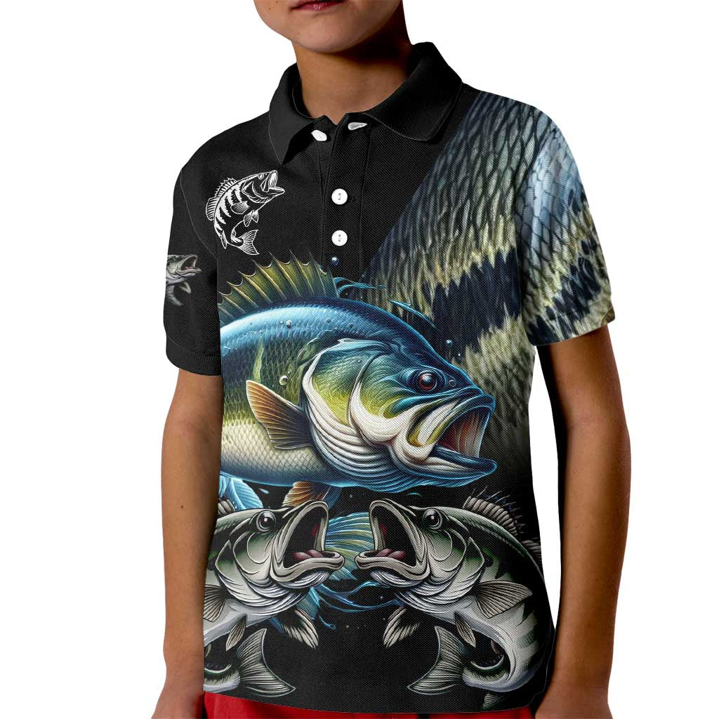 Largemouth Bass Fishing Scale Customize Name Kid Polo Shirt Aggressive Bass Scaled Texture and Black Sporty - Wonder Print Shop