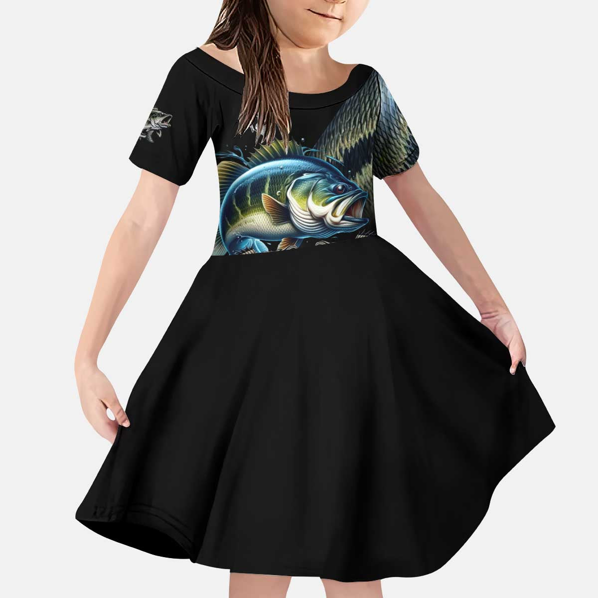 Largemouth Bass Fishing Scale Customize Name Kid Short Sleeve Dress Aggressive Bass Scaled Texture and Black Sporty - Wonder Print Shop