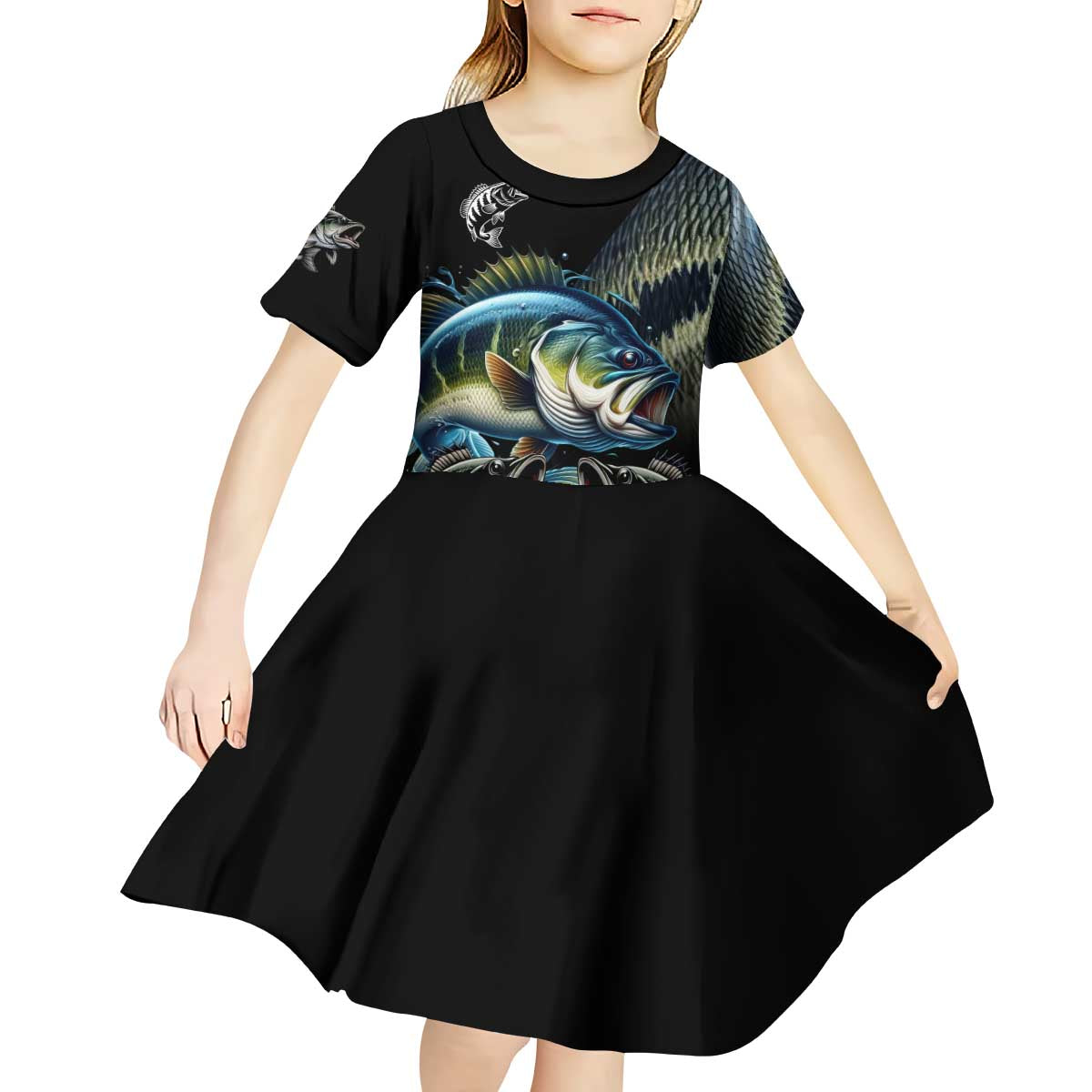 Largemouth Bass Fishing Scale Customize Name Kid Short Sleeve Dress Aggressive Bass Scaled Texture and Black Sporty - Wonder Print Shop
