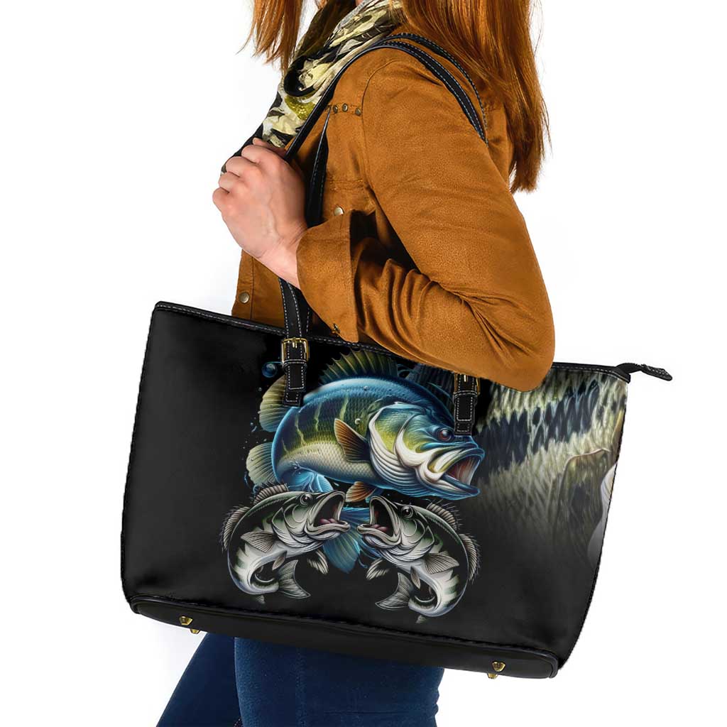 Largemouth Bass Fishing Scale Customize Name Leather Tote Bag Aggressive Bass Scaled Texture and Black Sporty - Wonder Print Shop