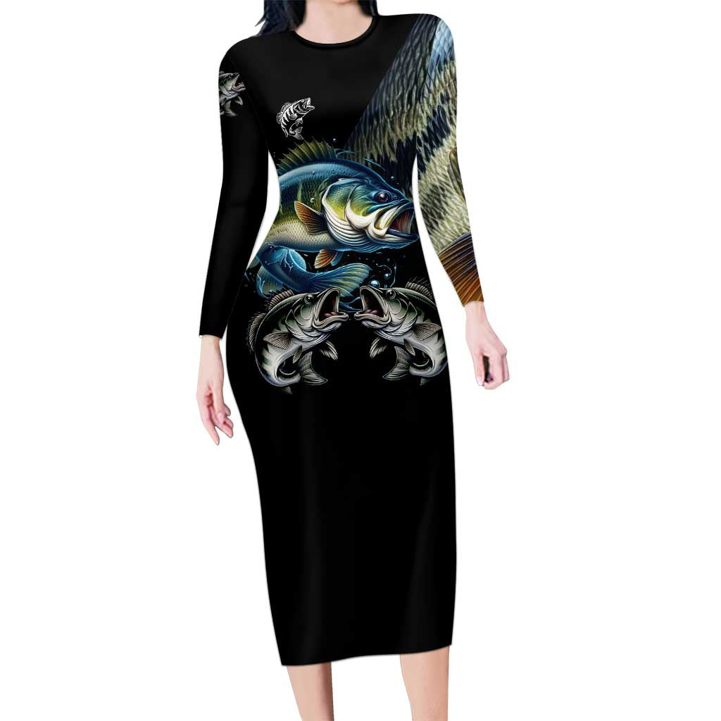 Largemouth Bass Fishing Scale Customize Name Long Sleeve Bodycon Dress Aggressive Bass Scaled Texture and Black Sporty - Wonder Print Shop