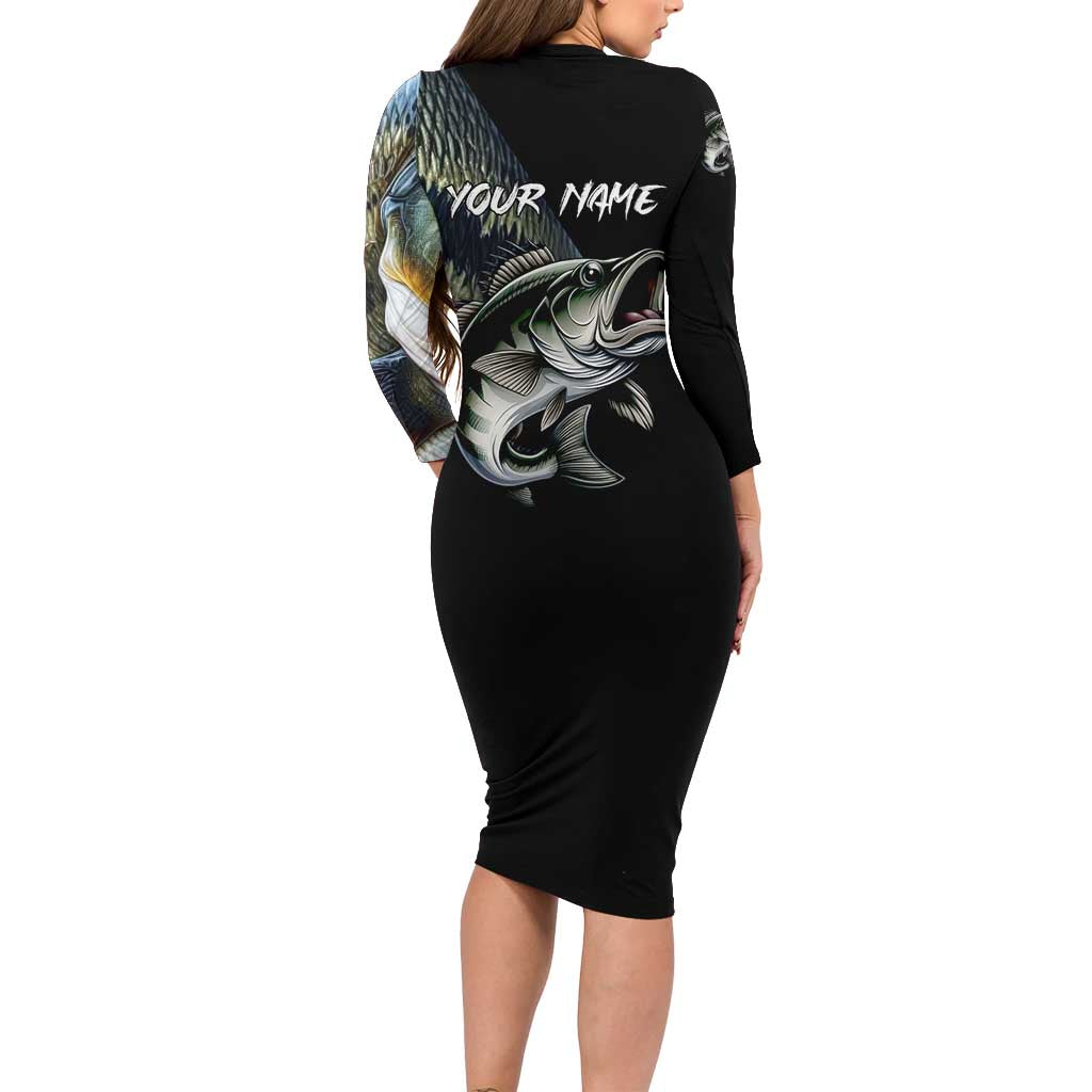 Largemouth Bass Fishing Scale Customize Name Long Sleeve Bodycon Dress Aggressive Bass Scaled Texture and Black Sporty - Wonder Print Shop