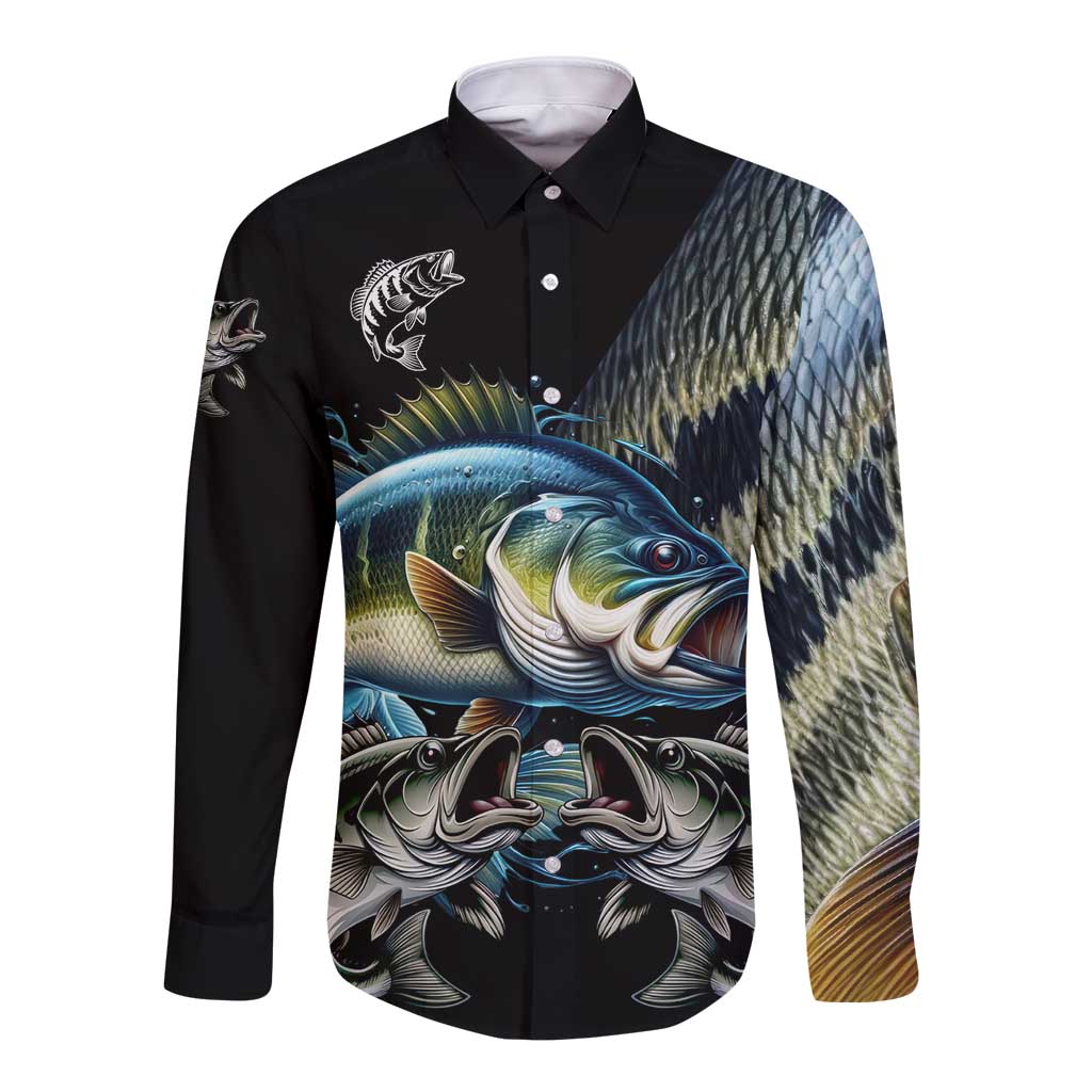 Largemouth Bass Fishing Scale Customize Name Long Sleeve Button Shirt Aggressive Bass Scaled Texture and Black Sporty - Wonder Print Shop
