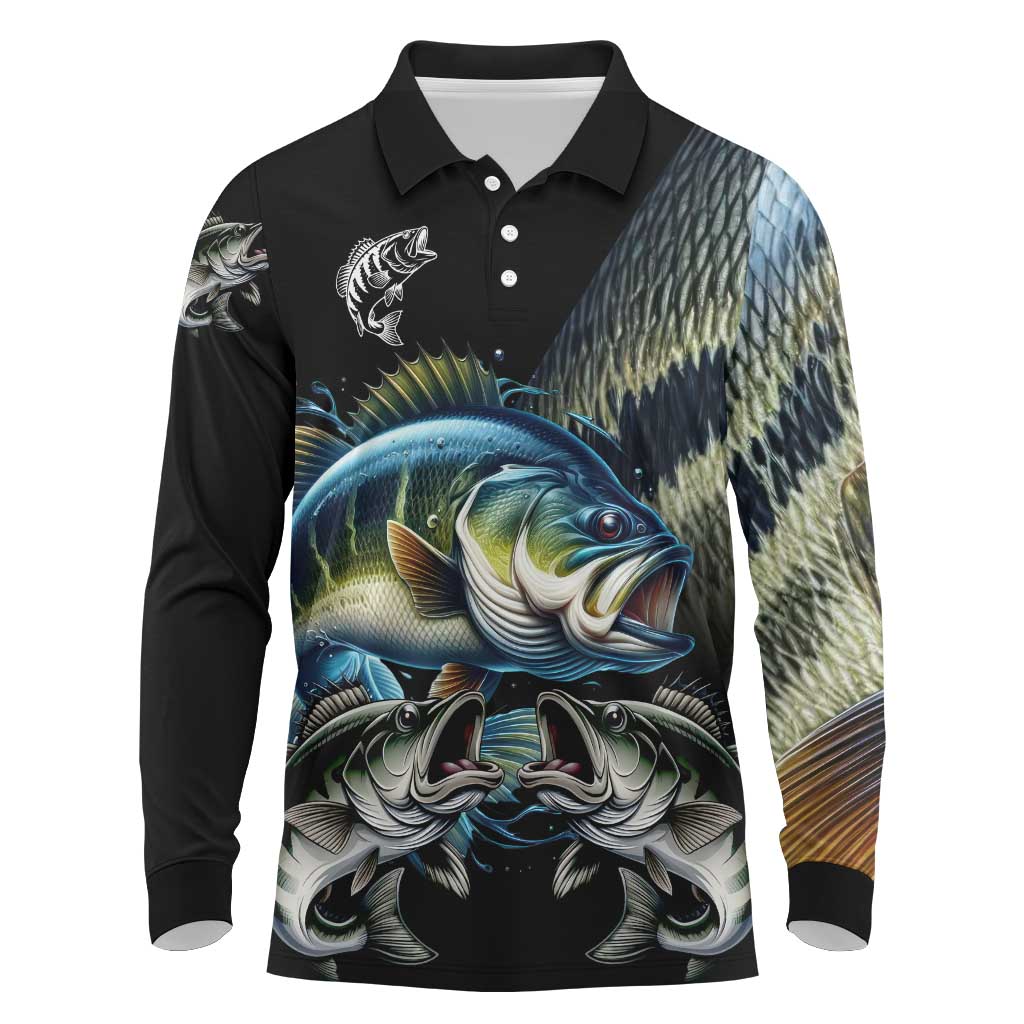 Largemouth Bass Fishing Scale Customize Name Long Sleeve Polo Shirt Aggressive Bass Scaled Texture and Black Sporty - Wonder Print Shop