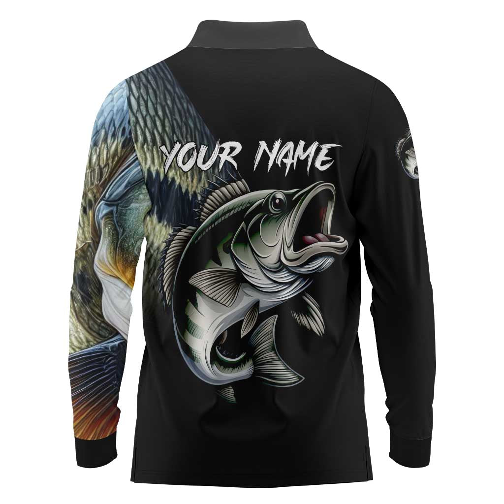 Largemouth Bass Fishing Scale Customize Name Long Sleeve Polo Shirt Aggressive Bass Scaled Texture and Black Sporty - Wonder Print Shop