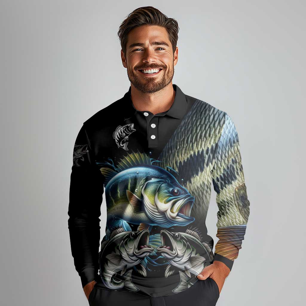 Largemouth Bass Fishing Scale Customize Name Long Sleeve Polo Shirt Aggressive Bass Scaled Texture and Black Sporty - Wonder Print Shop