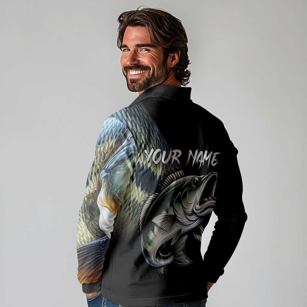 Largemouth Bass Fishing Scale Customize Name Long Sleeve Polo Shirt Aggressive Bass Scaled Texture and Black Sporty - Wonder Print Shop