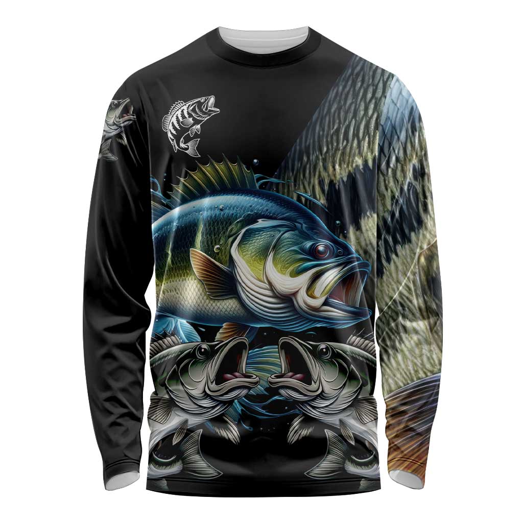 Largemouth Bass Fishing Scale Customize Name Long Sleeve Shirt Aggressive Bass Scaled Texture and Black Sporty - Wonder Print Shop