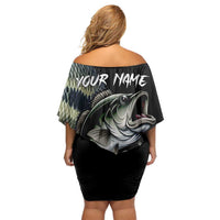 Largemouth Bass Fishing Scale Customize Name Off Shoulder Short Dress Aggressive Bass Scaled Texture and Black Sporty - Wonder Print Shop