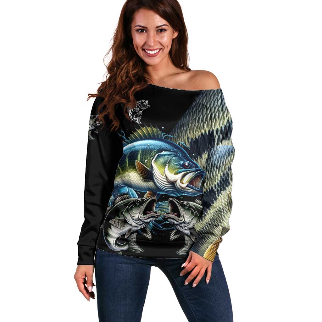 Largemouth Bass Fishing Scale Customize Name Off Shoulder Sweater Aggressive Bass Scaled Texture and Black Sporty - Wonder Print Shop