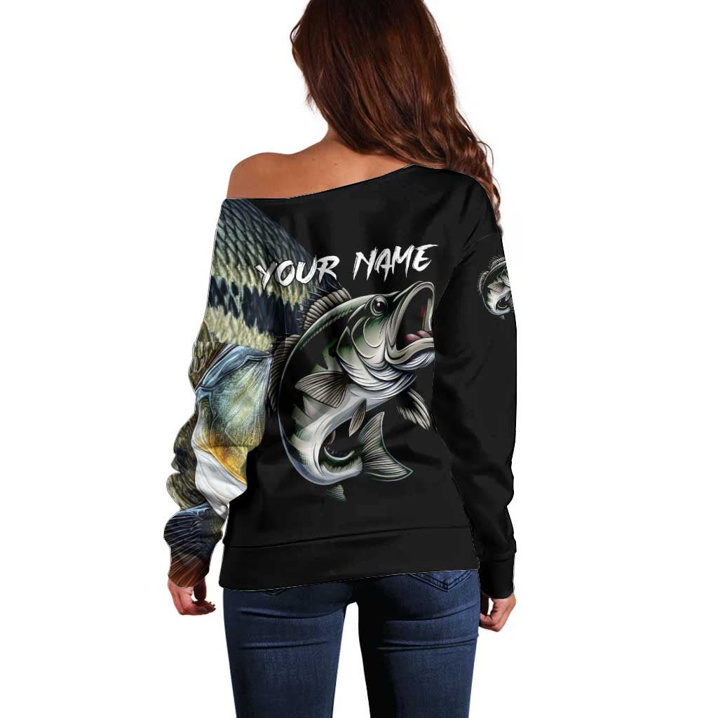 Largemouth Bass Fishing Scale Customize Name Off Shoulder Sweater Aggressive Bass Scaled Texture and Black Sporty - Wonder Print Shop
