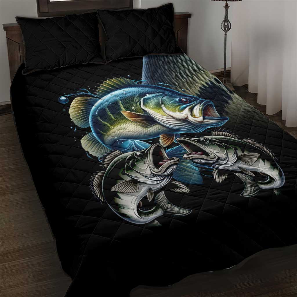 Largemouth Bass Fishing Scale Customize Name Quilt Bed Set Aggressive Bass Scaled Texture and Black Sporty - Wonder Print Shop
