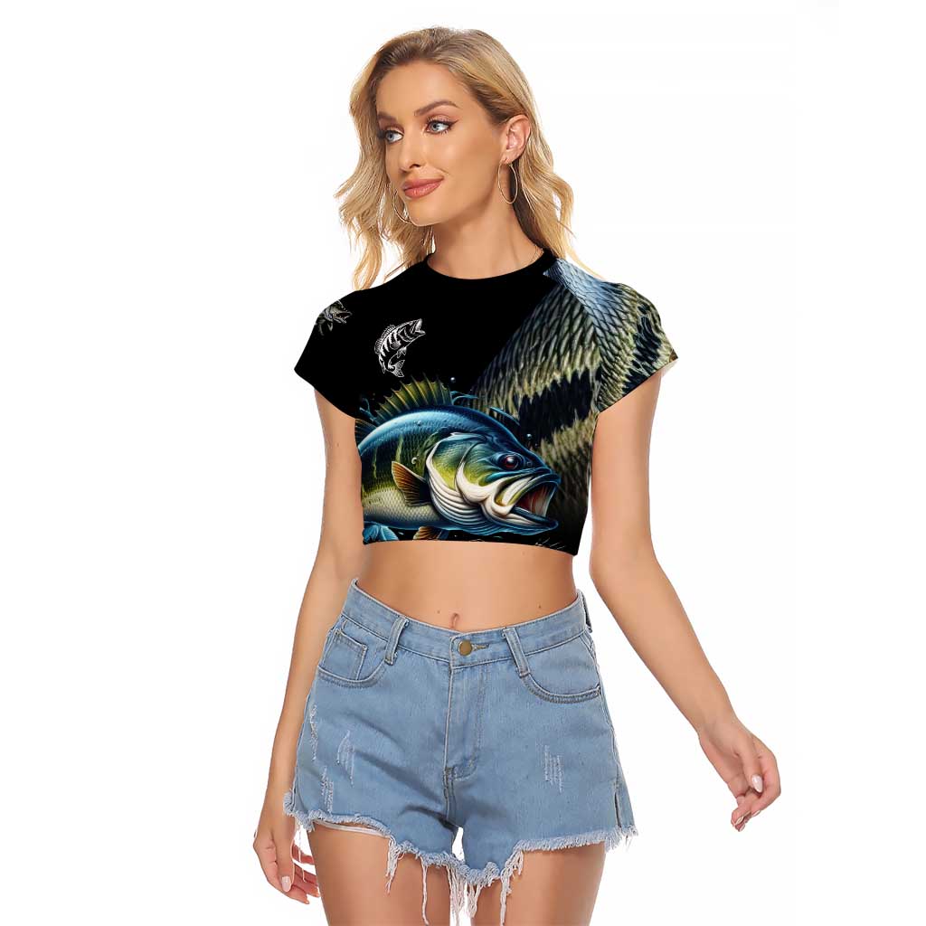 Largemouth Bass Fishing Scale Customize Name Raglan Cropped T Shirt Aggressive Bass Scaled Texture and Black Sporty - Wonder Print Shop