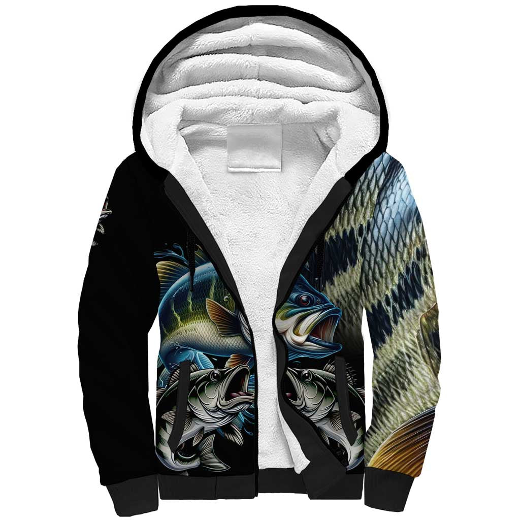 Largemouth Bass Fishing Scale Customize Name Sherpa Hoodie Aggressive Bass Scaled Texture and Black Sporty - Wonder Print Shop