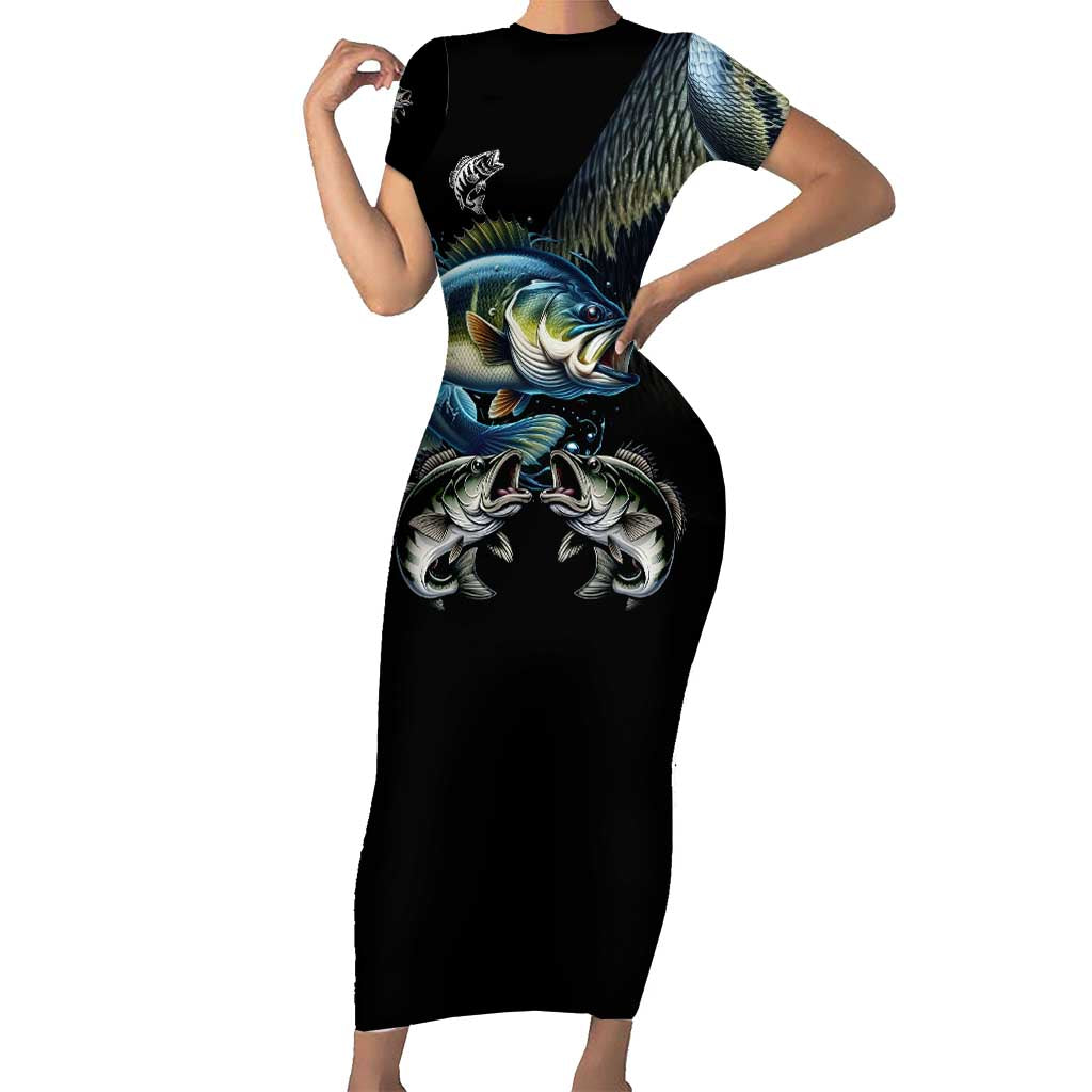Largemouth Bass Fishing Scale Customize Name Short Sleeve Bodycon Dress Aggressive Bass Scaled Texture and Black Sporty - Wonder Print Shop