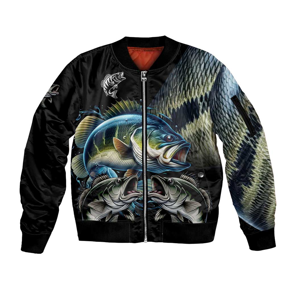 Largemouth Bass Fishing Scale Customize Name Sleeve Zip Bomber Jacket Aggressive Bass Scaled Texture and Black Sporty - Wonder Print Shop