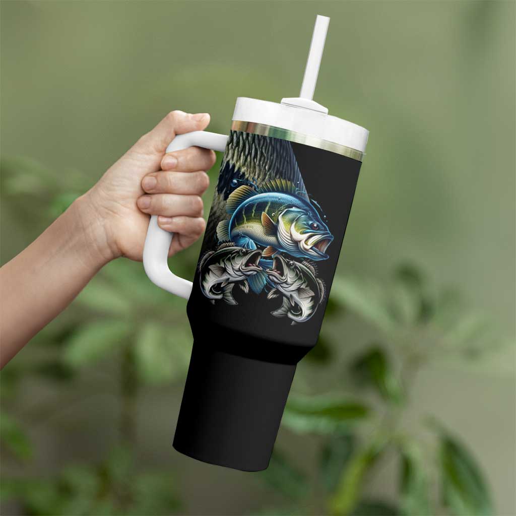 Largemouth Bass Fishing Scale Customize Name Tumbler With Handle Aggressive Bass Scaled Texture and Black Sporty - Wonder Print Shop