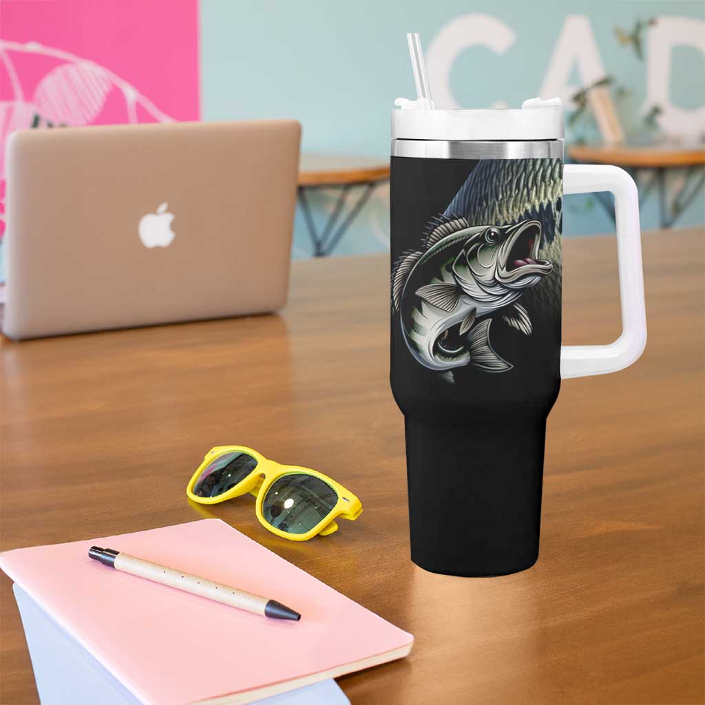 Largemouth Bass Fishing Scale Customize Name Tumbler With Handle Aggressive Bass Scaled Texture and Black Sporty - Wonder Print Shop