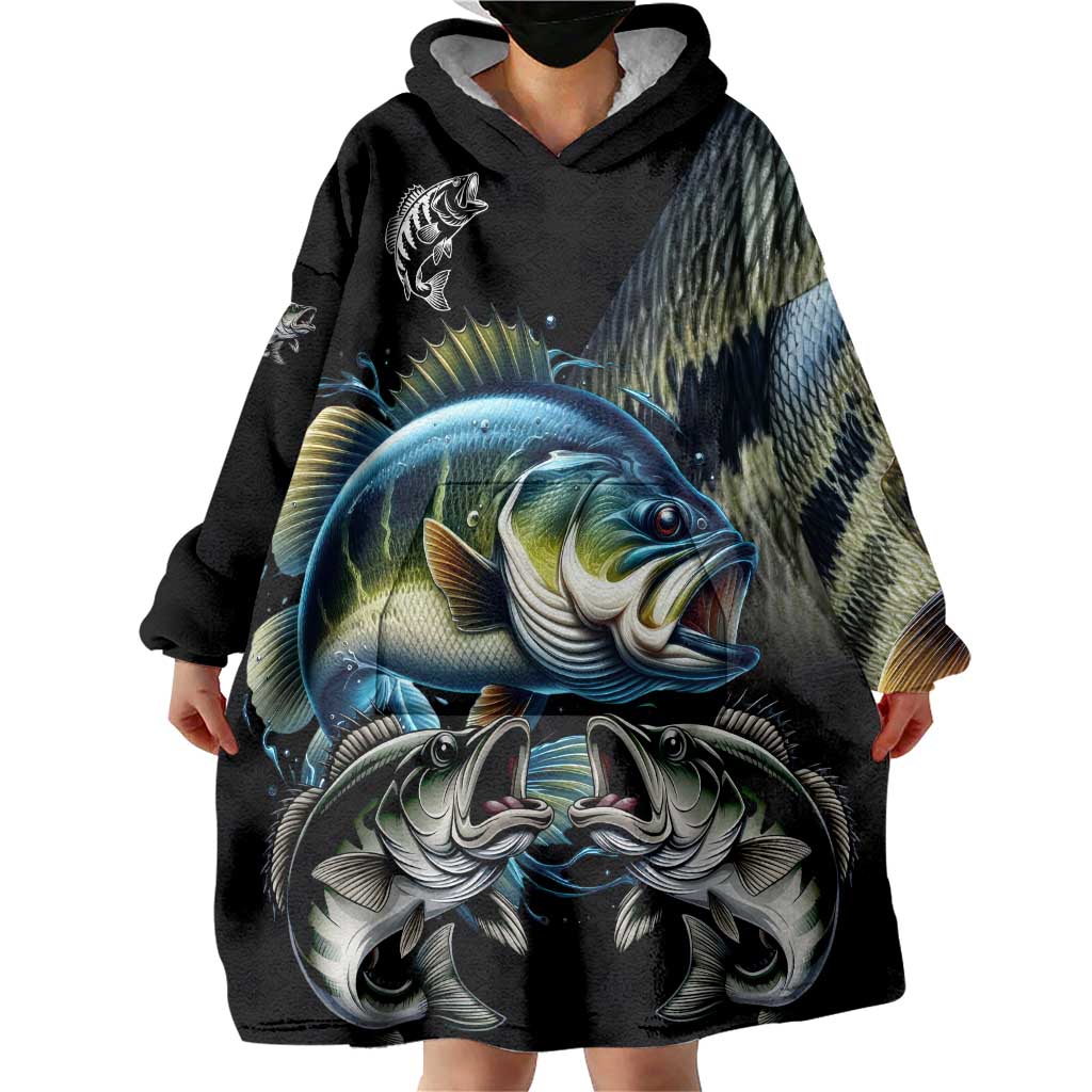 Largemouth Bass Fishing Scale Customize Name Wearable Blanket Hoodie Aggressive Bass Scaled Texture and Black Sporty - Wonder Print Shop