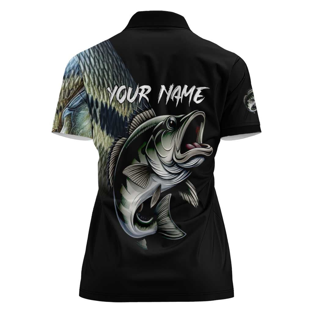 Largemouth Bass Fishing Scale Customize Name Women Polo Shirt Aggressive Bass Scaled Texture and Black Sporty - Wonder Print Shop