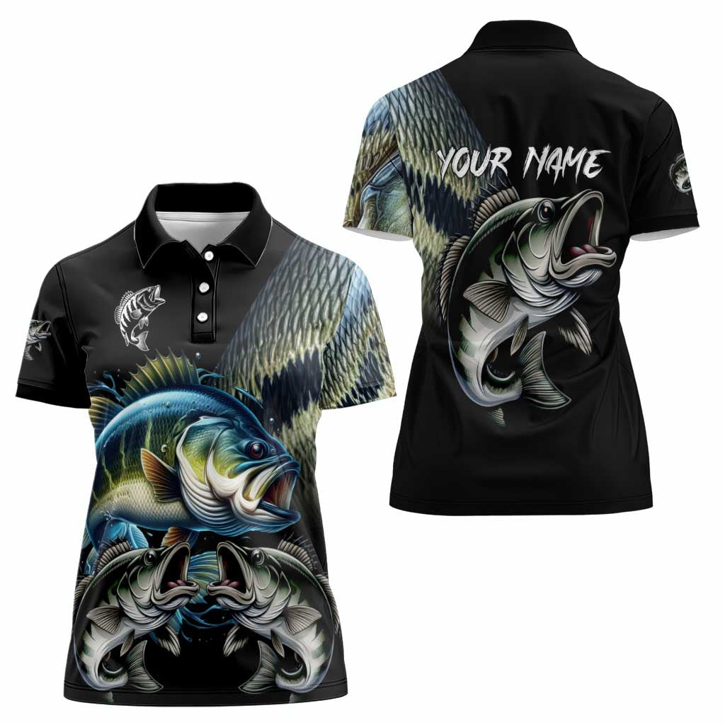 Largemouth Bass Fishing Scale Customize Name Women Polo Shirt Aggressive Bass Scaled Texture and Black Sporty - Wonder Print Shop