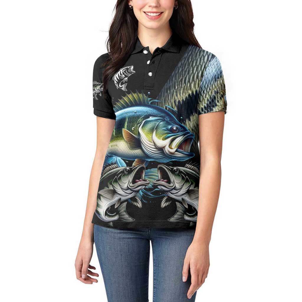 Largemouth Bass Fishing Scale Customize Name Women Polo Shirt Aggressive Bass Scaled Texture and Black Sporty - Wonder Print Shop