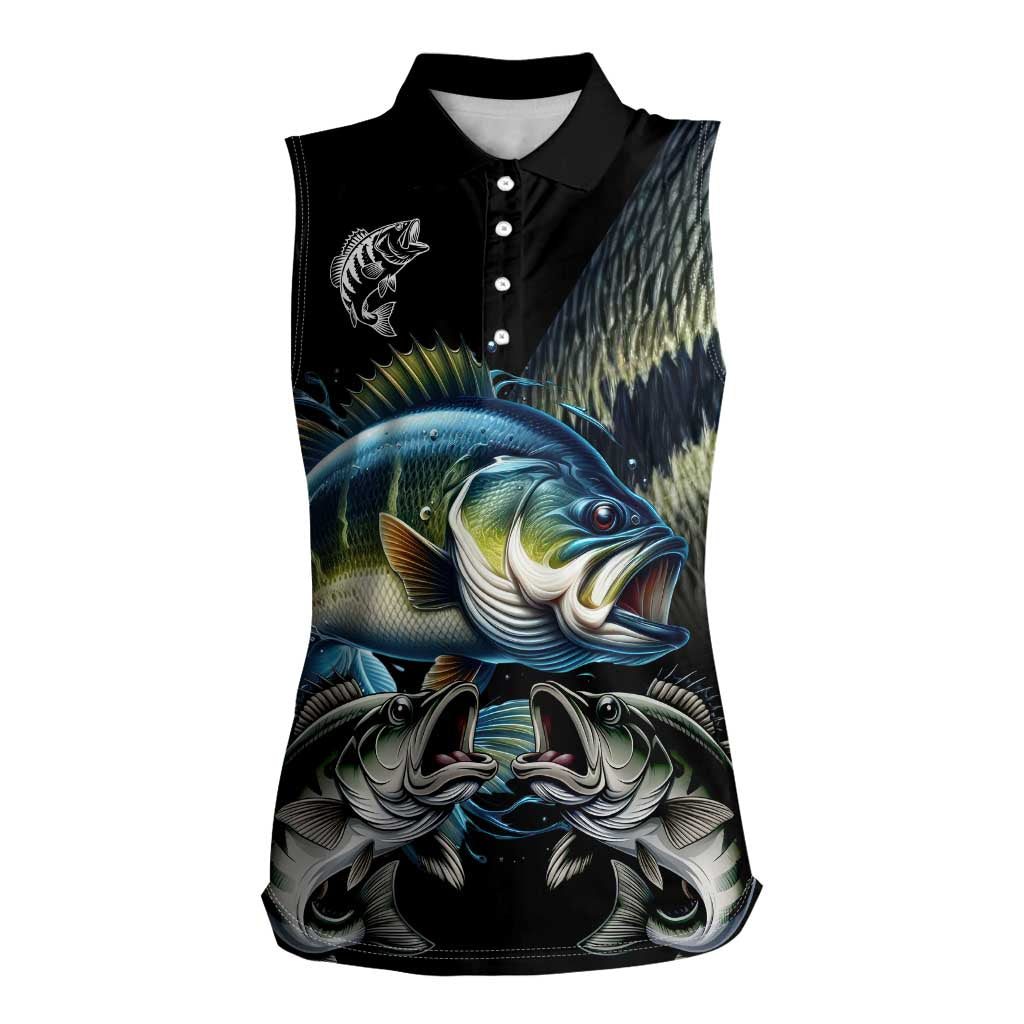 Largemouth Bass Fishing Scale Customize Name Women Sleeveless Polo Shirt Aggressive Bass Scaled Texture and Black Sporty - Wonder Print Shop