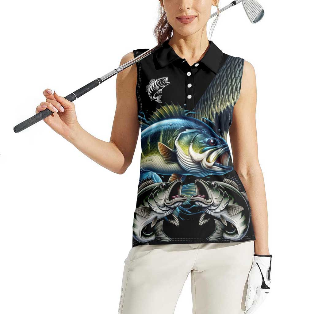 Largemouth Bass Fishing Scale Customize Name Women Sleeveless Polo Shirt Aggressive Bass Scaled Texture and Black Sporty - Wonder Print Shop