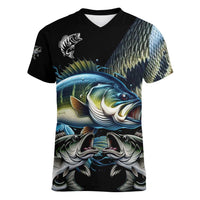 Largemouth Bass Fishing Scale Customize Name Women V-Neck T-Shirt Aggressive Bass Scaled Texture and Black Sporty - Wonder Print Shop
