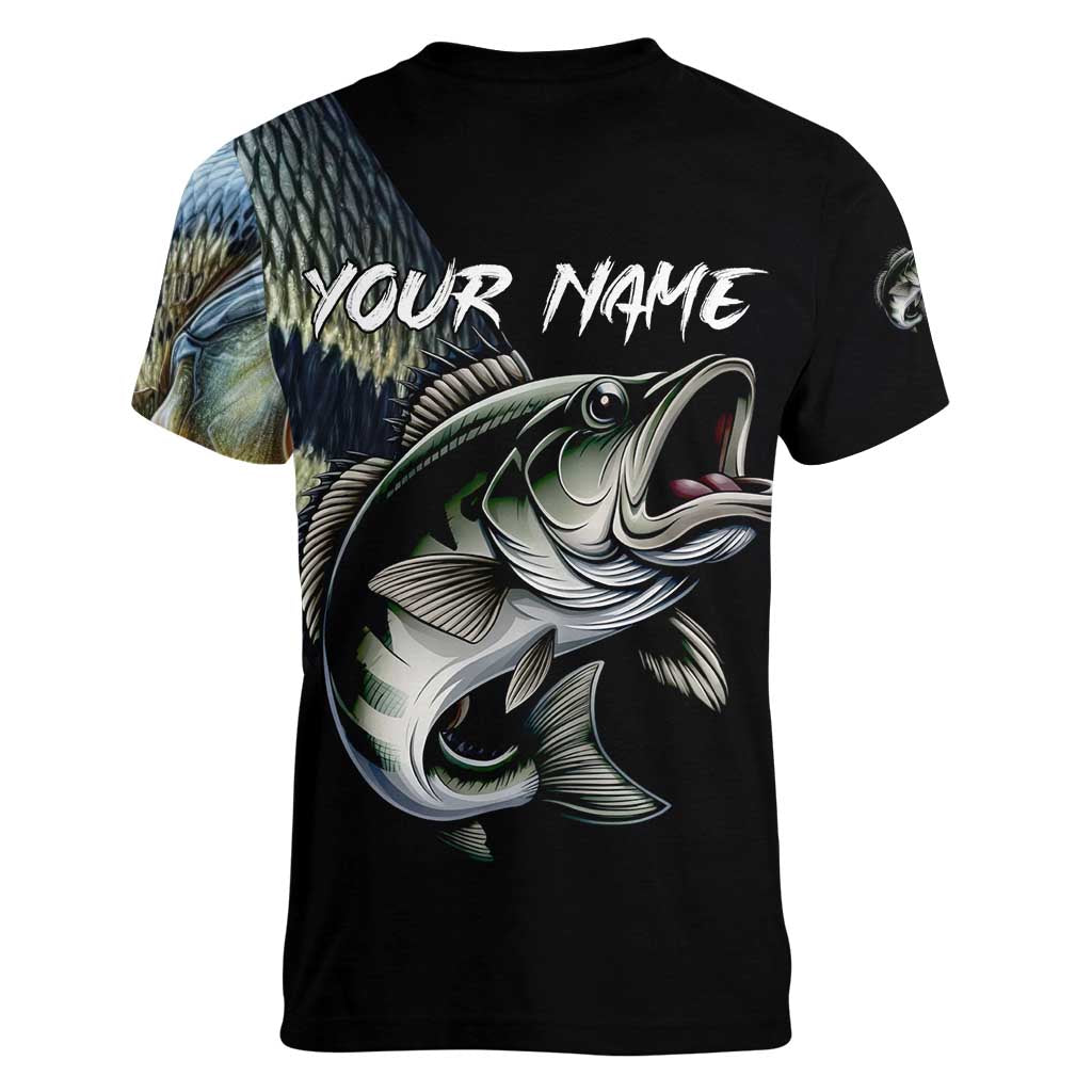 Largemouth Bass Fishing Scale Customize Name Women V-Neck T-Shirt Aggressive Bass Scaled Texture and Black Sporty - Wonder Print Shop