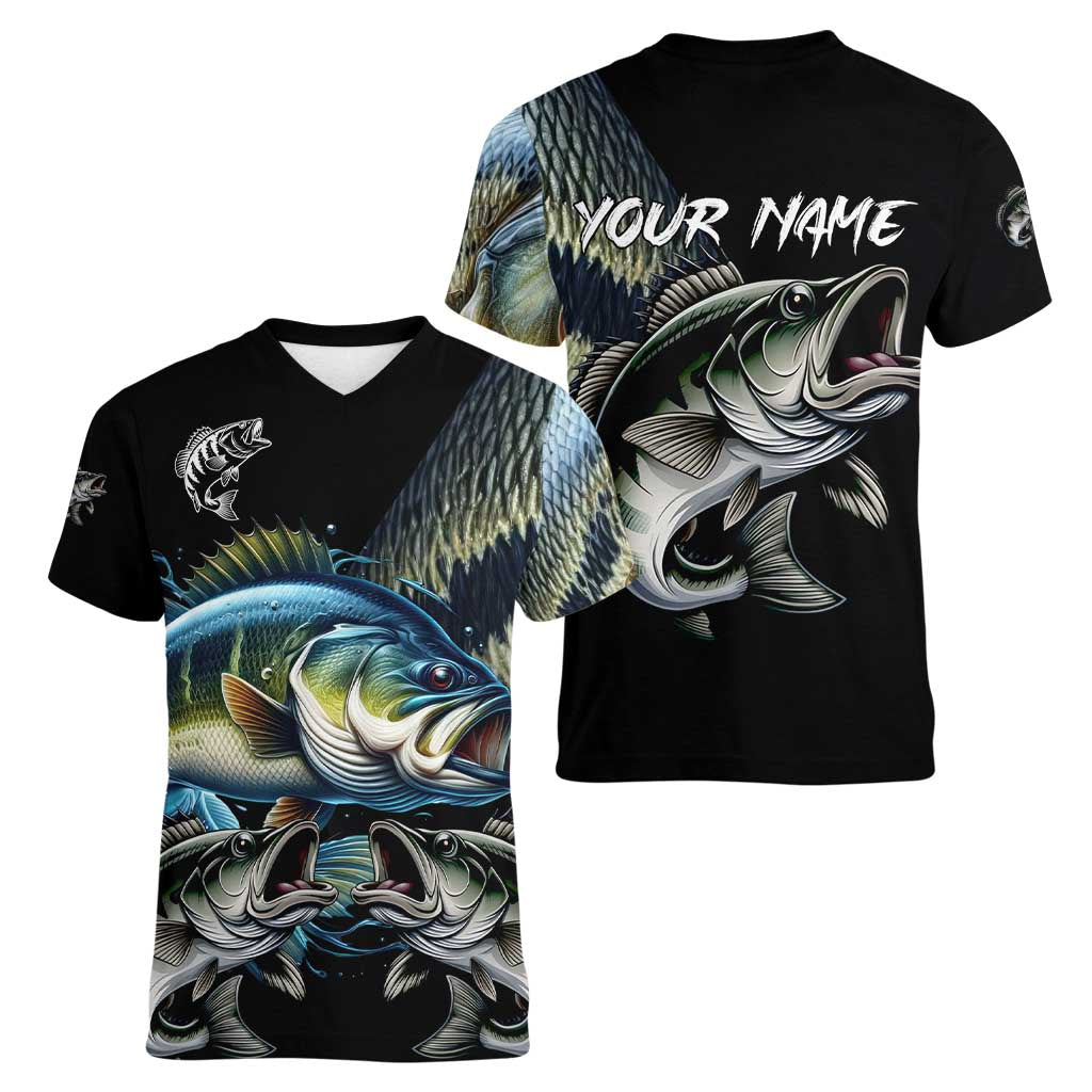 Largemouth Bass Fishing Scale Customize Name Women V-Neck T-Shirt Aggressive Bass Scaled Texture and Black Sporty - Wonder Print Shop