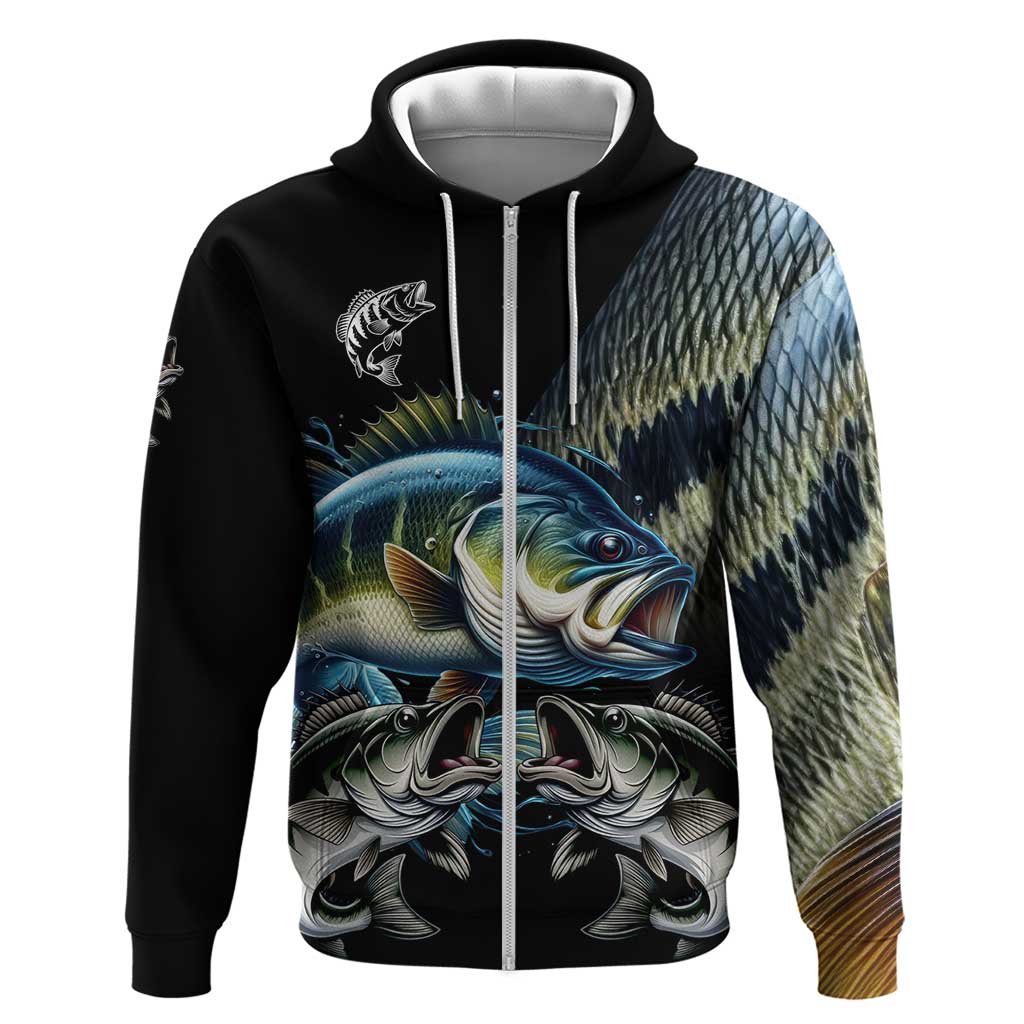 Largemouth Bass Fishing Scale Customize Name Zip Hoodie Aggressive Bass Scaled Texture and Black Sporty - Wonder Print Shop
