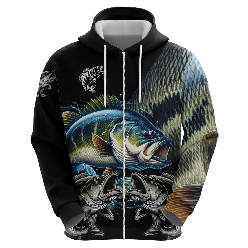 Largemouth Bass Fishing Scale Customize Name Zip Hoodie Aggressive Bass Scaled Texture and Black Sporty - Wonder Print Shop