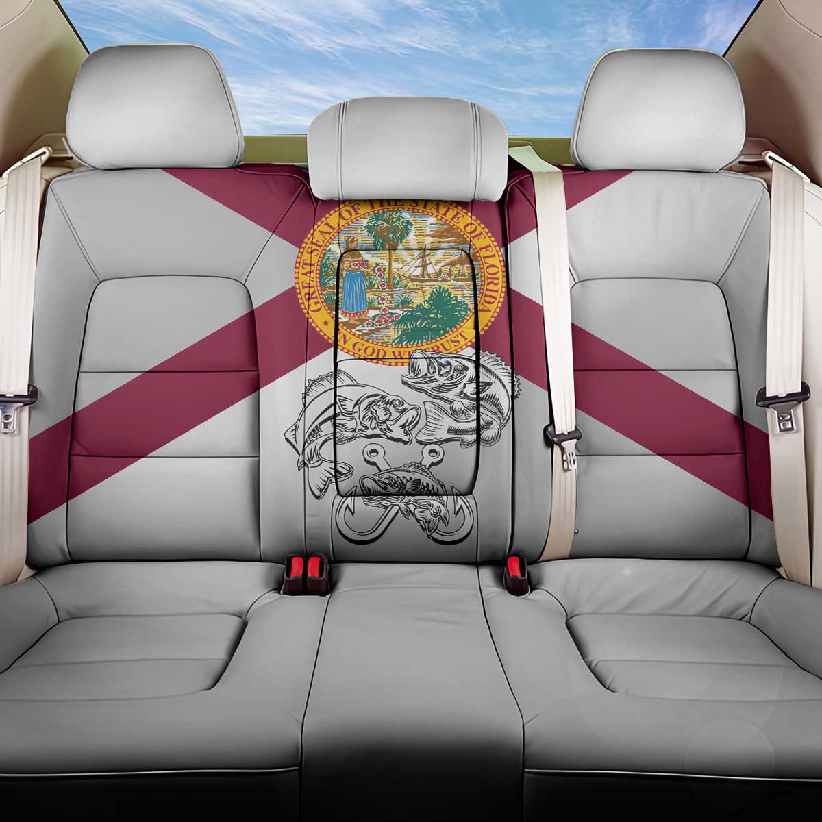 Florida State Flag Fishing Back Car Seat Cover Hook and Fish Sketch Graphic in Red and White Design - Wonder Print Shop