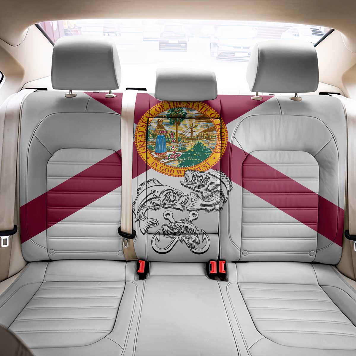 Florida State Flag Fishing Back Car Seat Cover Hook and Fish Sketch Graphic in Red and White Design - Wonder Print Shop