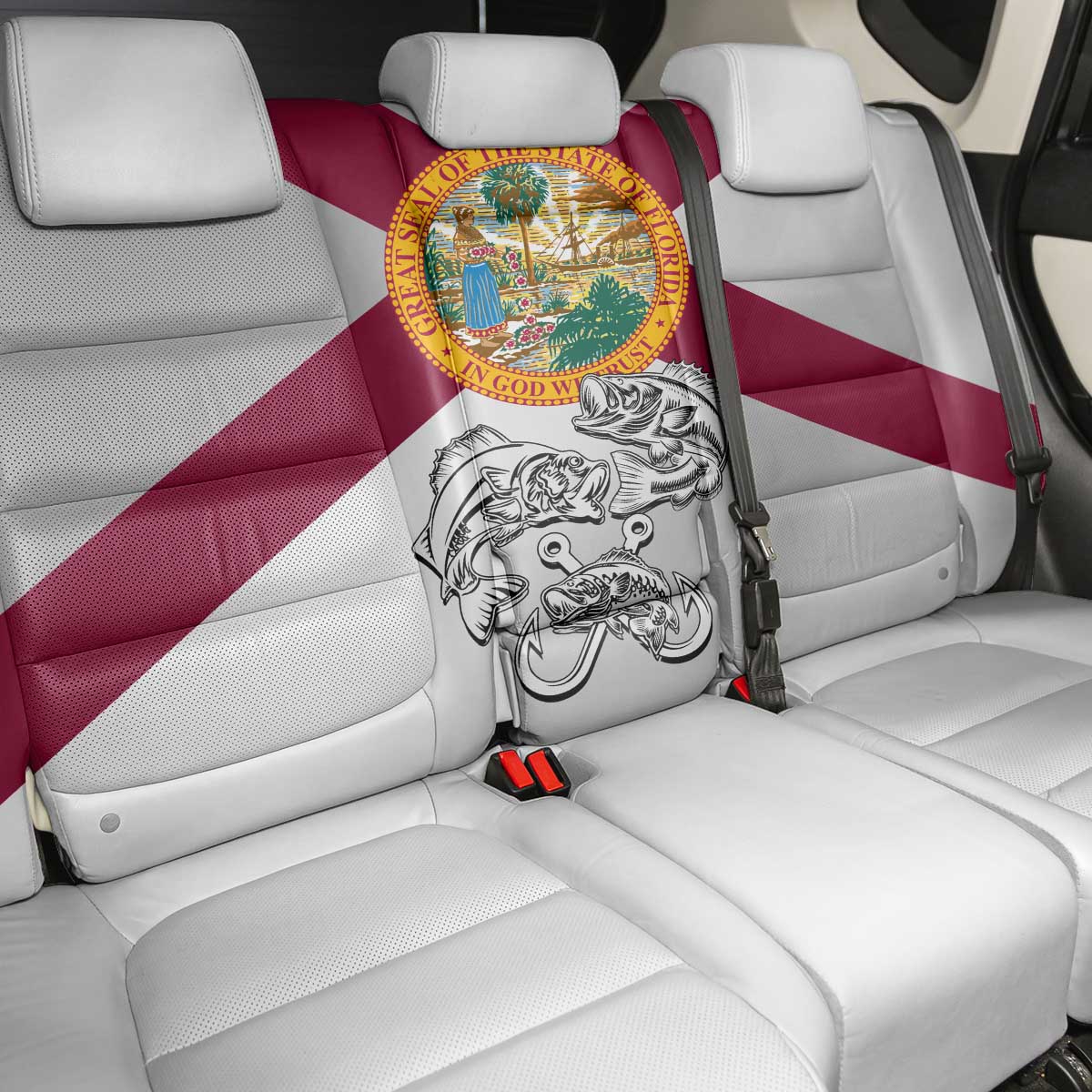 Florida State Flag Fishing Back Car Seat Cover Hook and Fish Sketch Graphic in Red and White Design - Wonder Print Shop