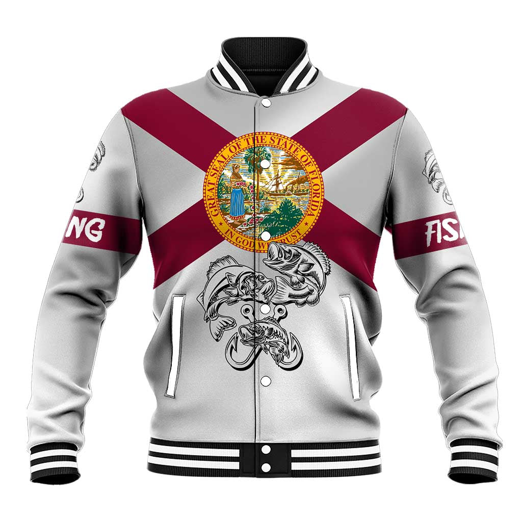 Florida State Flag Fishing Baseball Jacket Hook and Fish Sketch Graphic in Red and White Design - Wonder Print Shop