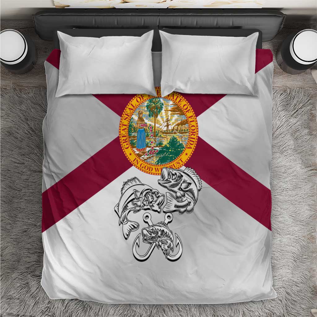 Florida State Flag Fishing Bedding Set Hook and Fish Sketch Graphic in Red and White Design - Wonder Print Shop