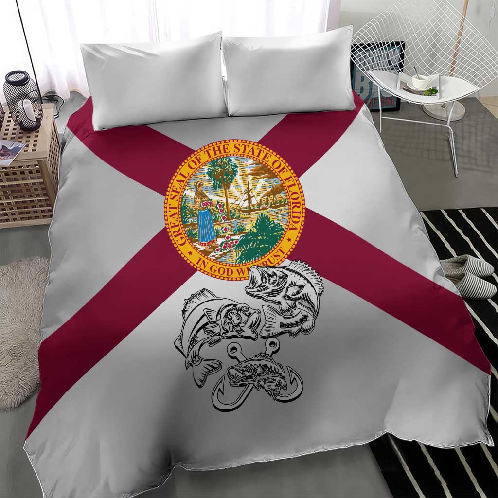 Florida State Flag Fishing Bedding Set Hook and Fish Sketch Graphic in Red and White Design - Wonder Print Shop