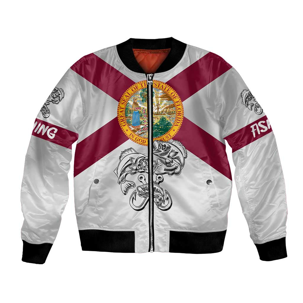 Florida State Flag Fishing Bomber Jacket Hook and Fish Sketch Graphic in Red and White Design - Wonder Print Shop