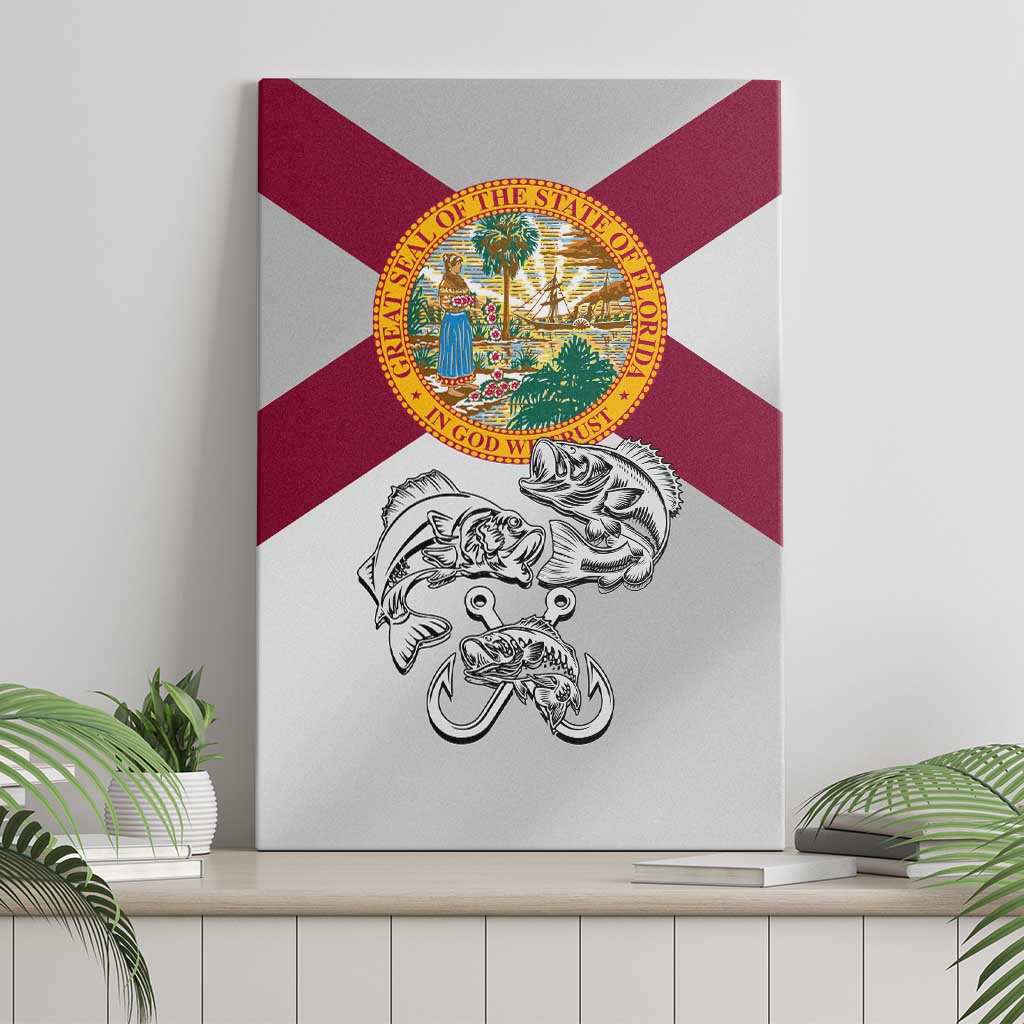 Florida State Flag Fishing Canvas Wall Art Hook and Fish Sketch Graphic in Red and White Design - Wonder Print Shop